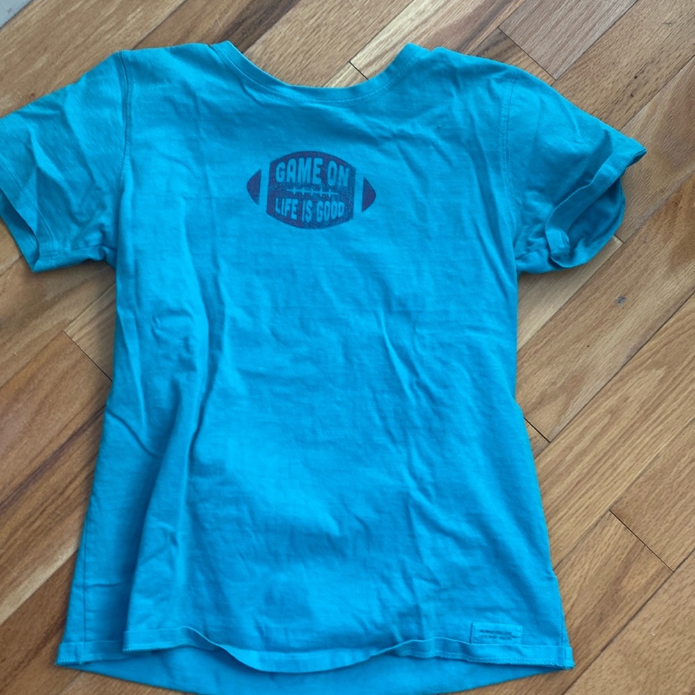 Life is Good. Women football t-shirt. Small. Turquoise green